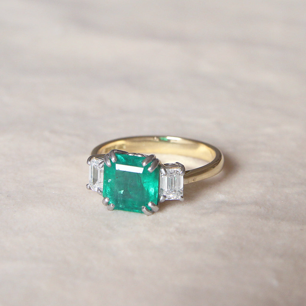 Vintage Style 2.35 Carat Emerald and Diamond Three Stone
