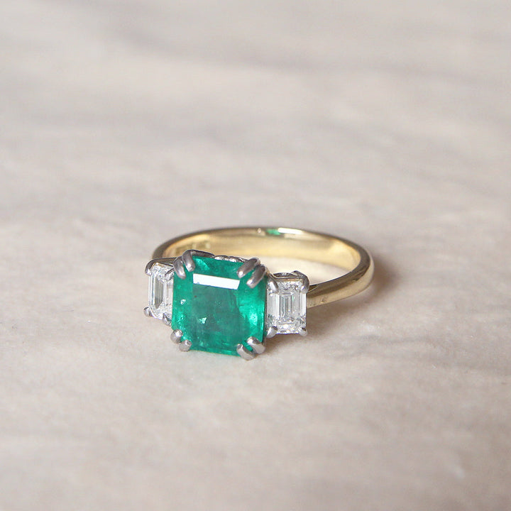 Vintage Style 2.35 Carat Emerald and Diamond Three Stone