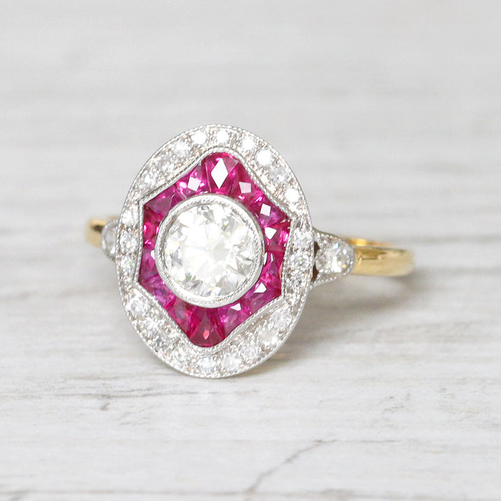 Art Deco Style 0.70 Carat Diamond and Calibré Cut Ruby Target Cluster