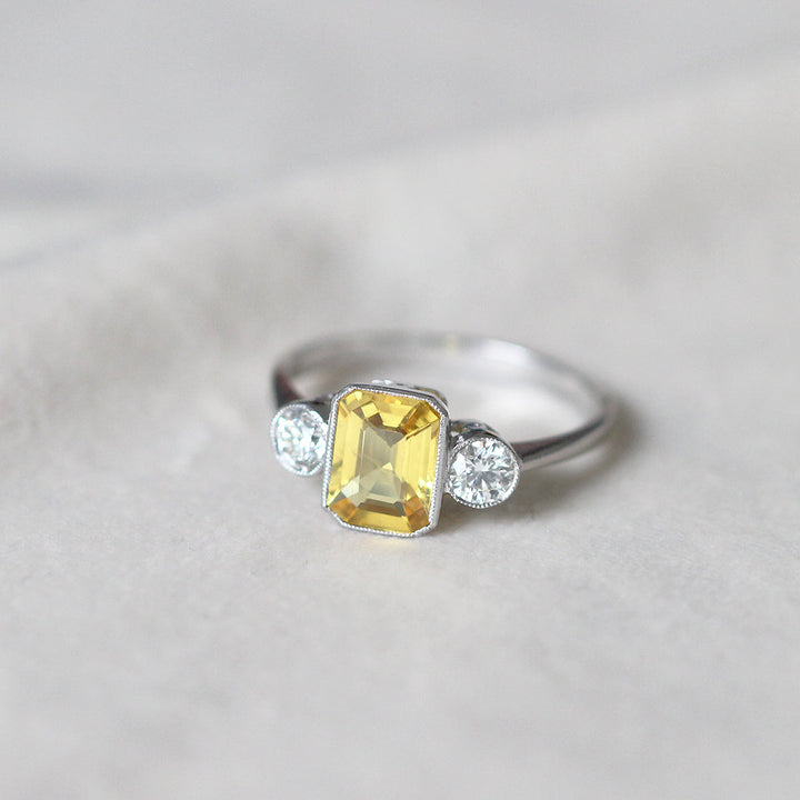 Vintage Style 1.70 Carat Yellow Sapphire and Diamond Three Stone