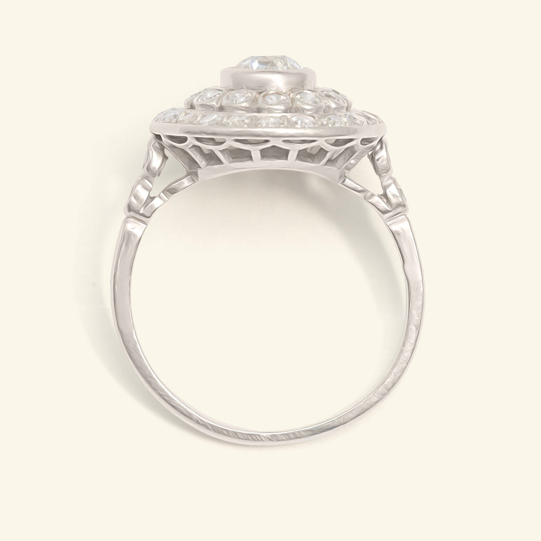 French Art Deco 1.30 Carat Old European Cut Diamond Double Halo Cluster