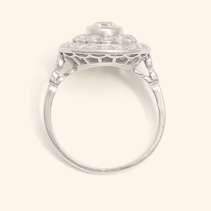 French Art Deco 1.30 Carat Old European Cut Diamond Double Halo Cluster